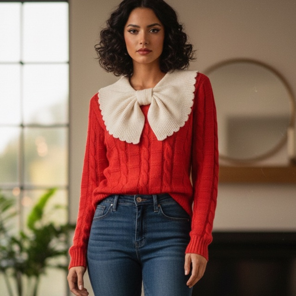 Cream Bow Neck and Red Cable Knit Pull Over Sweater Size S